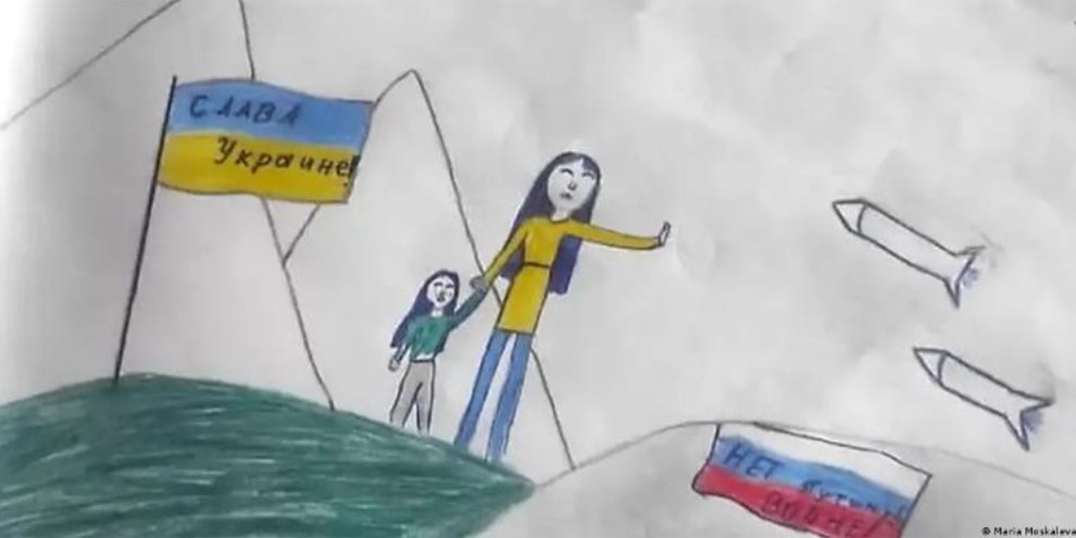 En avril 2022, Maria Moskaliova, 12 ans, avait fait un dessin à l’école contre la guerre. Elle a été séparée de son père et placée dans un orphelinat. © Maria Moskaliova