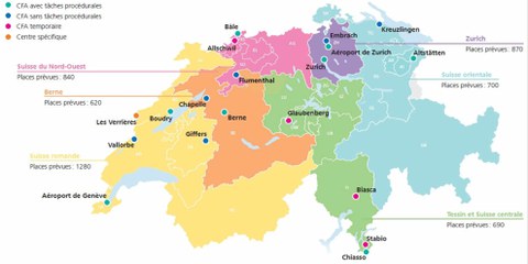 Les centres pour requérant·e·s d'asile dans six régions de la Suisse. © SEM (www.sem.admin.ch)
