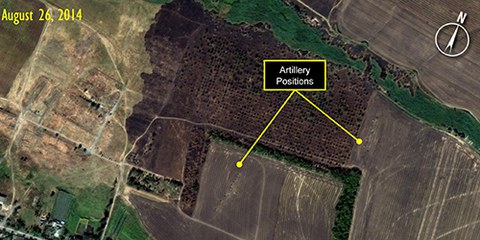 Les images recueillies par Amnesty prouvent que l'artillerie russe a établi de nouvelles positions à l'intérieur de l'Ukraine. © Digital Globe for Amnesty International 