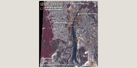 Ces images satellites montraient déjà en mars les dégâts considérables causés par l'attaque russe sur la ville d'Izioum. © 2022 Planet Labs Inc.