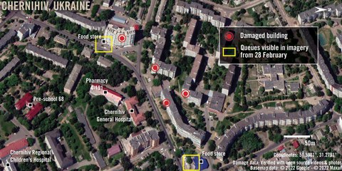 Une carte générale montre les zones endommagées par les frappes du 3 mars 2022 à Tchernihiv, en Ukraine – vérifiées à l'aide de photos et de vidéos open source. D'importantes infrastructures civiles sont également représentées à proximité immédiate des zones de dommages vérifiés. Des files d'attente ont été observées dans deux magasins d'alimentation des alentours immédiats sur des images satellite du 28 février.