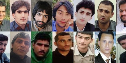 De gauche à droite: Ali Mojadam, Mansoureh Dahmardeh, Ebrahim Narouie, Shoeib Mirbaluchzehi Rigi, Kambiz Khorout, Arash (Sarkawt) Ahmadi, Mansour Hout, Nezamoddin Hout, Habib Deris, Moein Khanfari, Mohammad Reza Mojadam, Seyed Adnan Mousavi, Hassan Abyat et Seyed Salem Mousavi. © DR