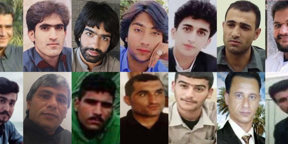 De gauche à droite: Ali Mojadam, Mansoureh Dahmardeh, Ebrahim Narouie, Shoeib Mirbaluchzehi Rigi, Kambiz Khorout, Arash (Sarkawt) Ahmadi, Mansour Hout, Nezamoddin Hout, Habib Deris, Moein Khanfari, Mohammad Reza Mojadam, Seyed Adnan Mousavi, Hassan Abyat et Seyed Salem Mousavi. © DR