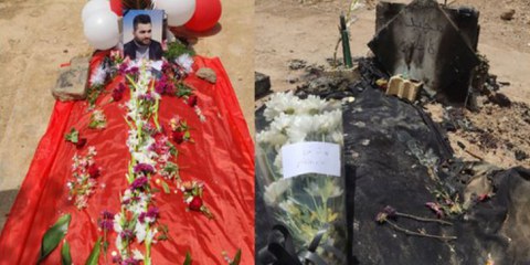 La tombe de Majid Kazemi, avant et après avoir été saccagée par des actes de vandalisme. © Amnesty International