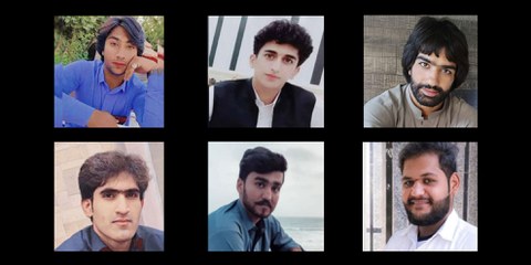 Menacés d'exécution, de gauche à droite: Shoeib Mirbaluchzehi Rigi, Kambiz Kharout, Ebrahim Narouie, Mansour Dahmardeh, Mansour Hout et Nezamoddin Hout. © Amnesty International