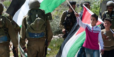Un garçon palestinien brandit un drapeau en face d’un soldat israélien, lors d’une manifestation contre la barrière de séparation à Al-Masara. © Ryan Rodrick Beiler / Shutterstock.com