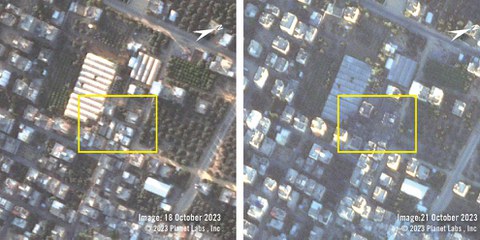 Les images satellites montrent l'impact de l'attaque sur le camp de réfugié·e·x·s d'al-Nuseirat : le 18 octobre 2023, avant l'attaque, et le 21 octobre 2023, après l'attaque. La zone et de nombreuses structures semblent avoir été fortement détruites. © 2023 Planet Labs