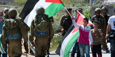 Un garçon palestinien brandit un drapeau en face d’un soldat israélien, lors d’une manifestation contre la barrière de séparation à Al-Masara. © Ryan Rodrick Beiler / Shutterstock.com