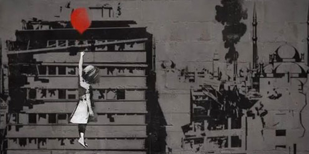 Banksy remanie l'image de sa «fille avec un ballon rouge» dans une vidéo afin de soutenir la Syrie.