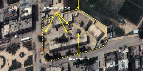 Image satellite de l'école Amir Ghabari à Afrin, utilisée comme base par les troupes turques . © 2018 Digital Globe, Inc.
