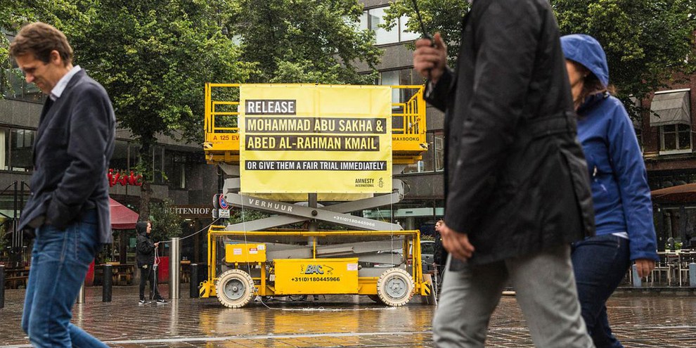 Action contre la pratique de la détention administrative d’Amnesty à La Haye. © Marieke Wijntjes/Amnesty International