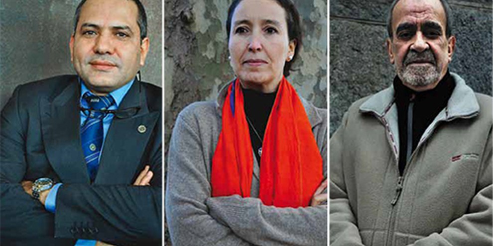 Hassan Achoumi (gauche), Nezha Drissi (centre) et Hadj Othman (droite), trois immigrants maghrébins intégrés en Suisse. © JMB