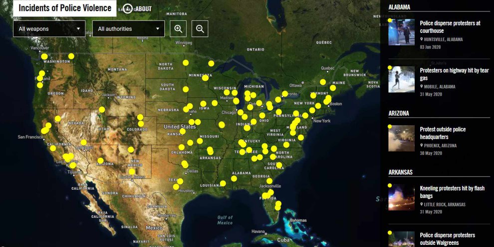 Amnesty International a recensé 125 cas de violences policières contre des manifestant·e·s dans 40 États et le district de Columbia entre le 26 mai et le 5 juin 2020 aux États-Unis. ©Ai