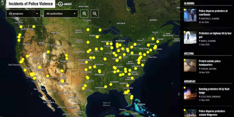 Amnesty International a recensé 125 cas de violences policières contre des manifestant·e·s dans 40 États et le district de Columbia entre le 26 mai et le 5 juin 2020 aux États-Unis. ©Ai