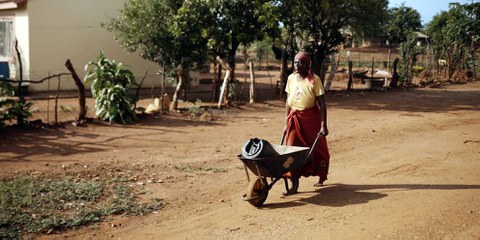 Sarah Makhubela se rend au réservoir d'eau avec sa brouette. © Jasmin Sarwoko