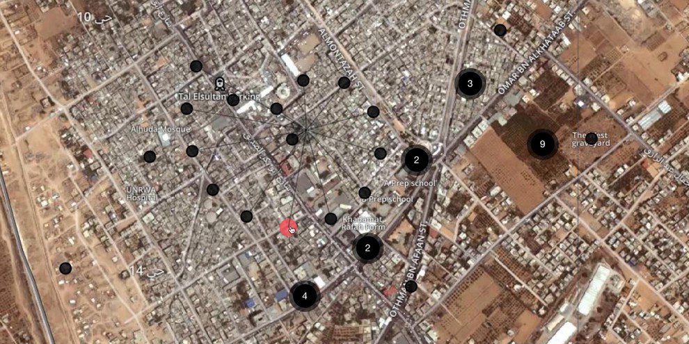 Grâce à la plate-forme «Forensic Architecture», Amnesty International et l'Université Goldsmith ont pu fournir une image complète des destructions qui se sont produites pendant les 50 jours du conflit de Gaza en 2014. Toutes les images satellitaires disponibles, les nouvelles, les séquences, les tweets, les rapports de presse, les communiqués de presse, etc. ont été évalués. © Forensic Architecture/Amnesty International