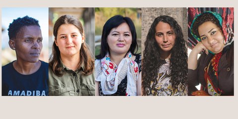 De gauche à droite: Nonhle Mbuthuma, Vitalina Koval, Gulzar Duishenova, Geraldine Chacón et Atena Daemi © Amnesty International