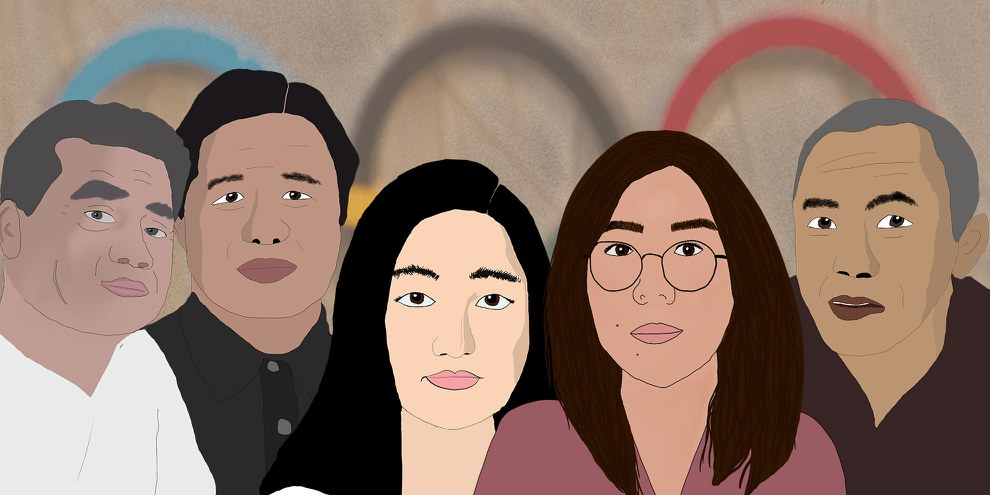 Ilham Tohti, Gao Zhisheng, Li Qiaochu, Zhang Zhan et Rinchen Tsultrin sont poursuivi·e·s pour avoir exprimé leur opinion. © AI