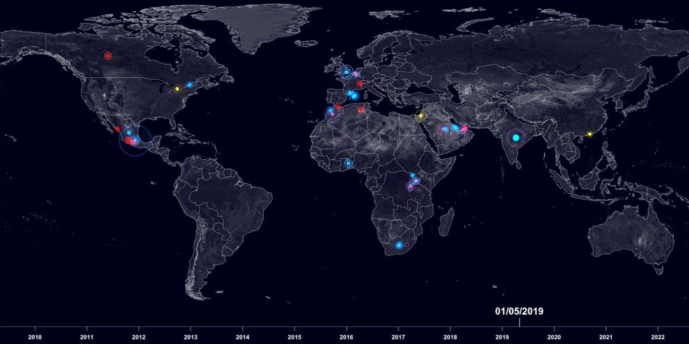 Carte d'ensemble qui répertorie les attaques en ligne et hors ligne contre des défenseur·e·s des droits humains. © Forensic Architecture