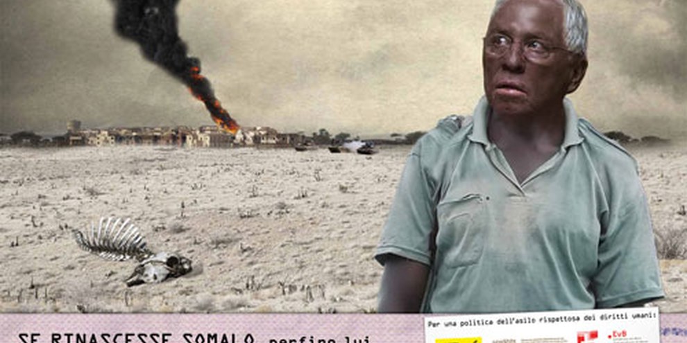 Una delle immagini della campagna «Ora basta» sul diritto d'asilo.