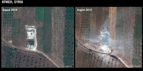 Attacco areo Atmeh/Idlib, 11 agosto 2015: una casa nella quale c'erano due combattenti dell'ISIS e due case di civili andarono distrutte. © DigitalGlobe/Google Earth. Graphic produced by Amnesty International