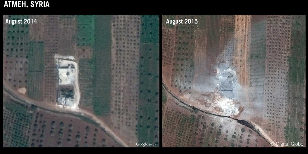 Attacco areo Atmeh/Idlib, 11 agosto 2015: una casa nella quale c'erano due combattenti dell'ISIS e due case di civili andarono distrutte. © DigitalGlobe/Google Earth. Graphic produced by Amnesty International
