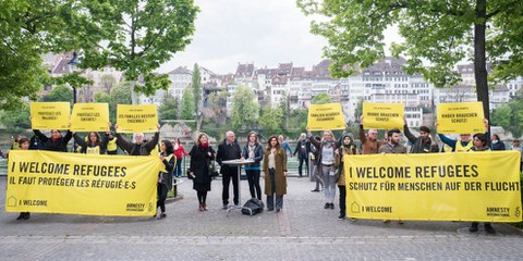 Azione durante l'Assemblea Generale di Amnesty a Basilea . © Mario Heller /Amnesty International Suisse