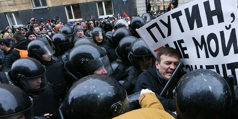 Manifestazioni si sono tenute in numerose città russe, il 28 gennaio 2018, in seguito all’appello dell’oppositore Navalny, cui è stato negato di presentare la propria candidatura. © Getty Images
