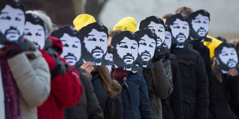 Una delle tante azioni a sostegno di Taner Kiliç, qui a Berlino, il 7 febbraio 2018. ©Amnesty International/photo: Jarek Godlewski