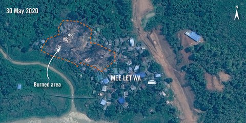 Le immagini satellitari del 30 maggio 2020, mostrano che una parte importante del villaggio di Mee Let Wa nello Stato di Chin sembra esser stato dato alle fiamme.