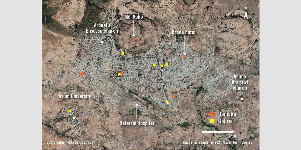 Una panoramica di Axum mostra le aree principali della città. Le strutture danneggiate dai bombardamenti e dagli attacchi aerei sono indicate da marcatori arancioni. Le aree con detriti significativi, probabilmente a causa di saccheggi, sono indicate da marcatori gialli.©google
