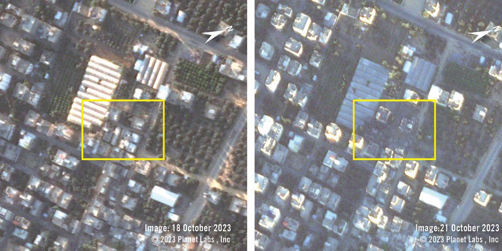 Le immagini satellitari mostrano l’impatto dell’attacco sul campo profughi di al-Nuseirat: il 18 ottobre 2023, prima dell’attacco, e il 21 ottobre 2023, dopo. La zona e numerose strutture sembrano aver riportato ingenti danni. © 2023 Planet Labs