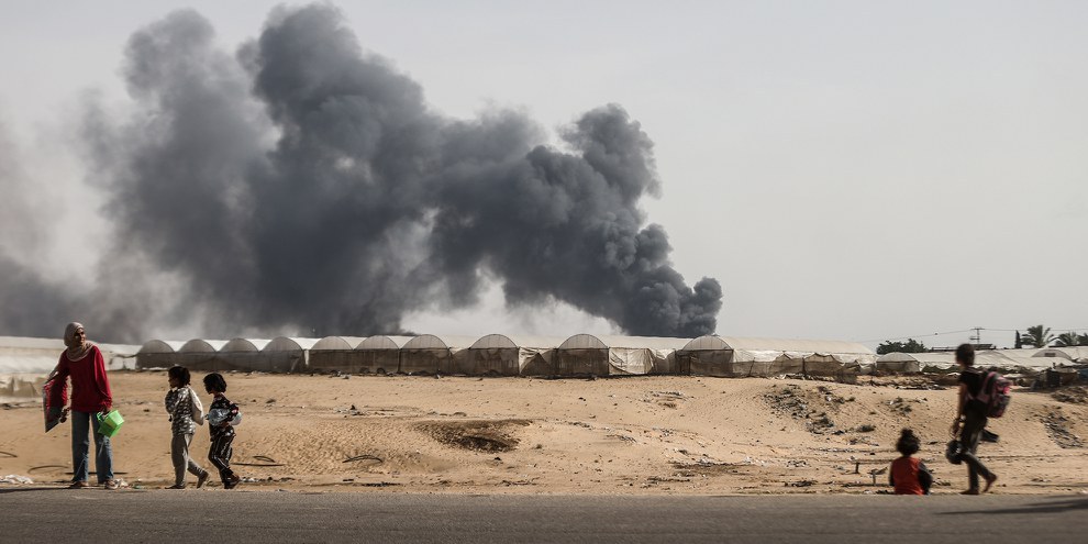 28 maggio 2024: la popolazione civile in fuga dalla regione di Rafah, nella Striscia di Gaza © Ali Jadallah/Anadolu via Getty Images